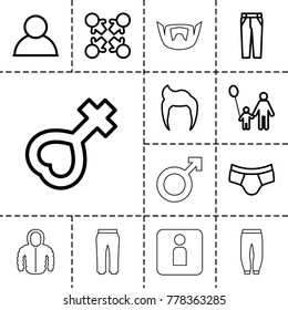 Men icons. set of 13 editable outline men icons such as man hairstyle, man underwear, pants, user, father and son, roundelay, female, woman wc, male, underpants