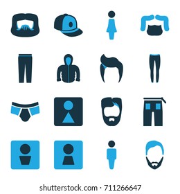 Men icons set. set of 16 men bi-color icons such as man wc, woman wc, man hairstyle, man, female wc, underpants, pants, baseball cap