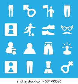 men icons set. Set of 16 men filled icons such as woman WC, female WC, man shoe, underpants, pants, mustache and glasses, female, male, chef, football player, user bulb