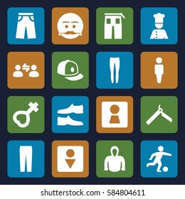 men icons set. Set of 16 men filled icons such as woman WC, man, bllade razor, Male WC, man shoe, underpants, pants, baseball cap, hoodie, emot with mustache, female, chef