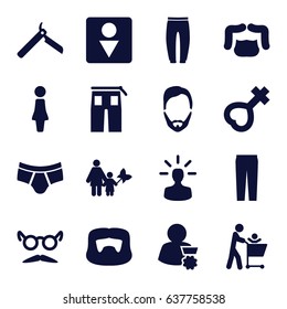 Men icons set. set of 16 men filled icons such as woman, bllade razor, man hairstyle, male wc, man underwear, underpants, pants, mustache and glasses, female, user bulb