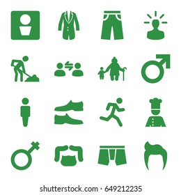 Men icons set. set of 16 men filled icons such as man wc, man hairstyle, male, man, pants, jacket, chef, user bulb