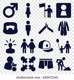 Men icons set. set of 16 men filled icons such as woman wc, male, man, woman, bllade razor, man hairstyle, baseball cap, jacket, user bulb, family, father and son