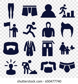 Men icons set. set of 16 men filled icons such as man hairstyle, man underwear, underpants, pants, hoodie, jacket, user bulb, user