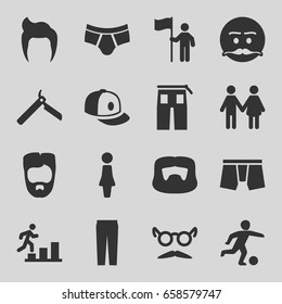 Men icons set. set of 16 men filled icons such as man hairstyle, woman, bllade razor, man underwear, pants, baseball cap, mustache and glasses, emot with mustache