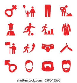 Men icons set. set of 16 men filled icons such as bllade razor, man hairstyle, man underwear, pants, female, male, jacket, chef, football player