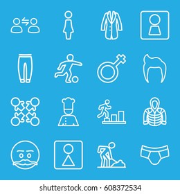 Men icons set. set of 16 men outline icons such as woman WC, man hairstyle, woman, female WC, man underwear, underpants, hoodie, male, jacket, chef, user communicatrion