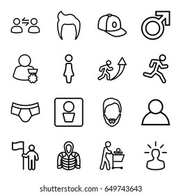 Men icons set. set of 16 men outline icons such as man wc, man hairstyle, male, woman, baseball cap, hoodie, user bulb, user communicatrion, father with not in shopping cart
