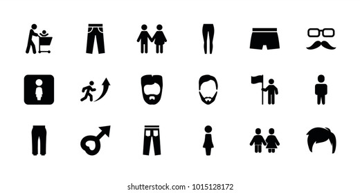 Men icons. set of 18 editable filled men icons: woman, man hairstyle, family, father with not in shopping cart, man going up, female wc, underpants, pants