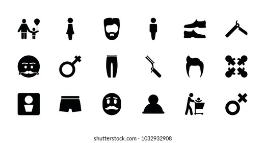 Men icons. set of 18 editable filled men icons: man wc, man hairstyle, man, bllade razor, underpants, emot with mustache, user, roundelay, father with not in shopping cart