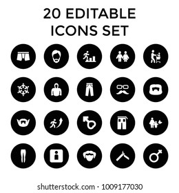 Men icons. set of 20 editable filled men icons such as bllade razor, man hairstyle, man underwear, pants, hoodie, mother and son. best quality men elements in trendy style.