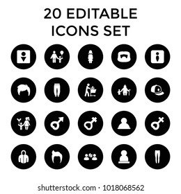 Men icons. set of 20 editable filled men icons such as man hairstyle, male wc, underpants, baseball cap, user, old woman and child. best quality men elements in trendy style.