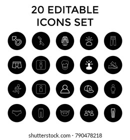 Men icons. set of 20 editable outline men icons such as user bulb, man underwear, underpants, baseball cap, user, male, jacket. best quality men elements in trendy style.