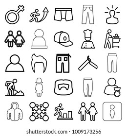 Men icons. set of 25 editable outline men icons such as man hairstyle, bllade razor, man underwear, pants, baseball cap, digging man, family, user, roundelay