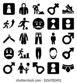 Men icons. set of 25 editable filled men icons such as man wc, woman wc, male, bllade razor, man hairstyle, female wc, emot with mustache, female, jacket, football player