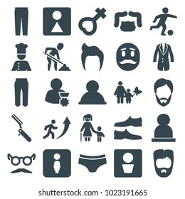 Men icons. set of 25 editable filled men icons such as man wc, man hairstyle, female wc, man shoe, pants, mustache and glasses, user, mother and son, female, jacket, chef