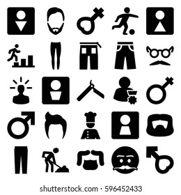 men icons set. Set of 25 men filled icons such as man WC, woman WC, man hairstyle, male, bllade razor, Male WC, female WC, underpants, pants, mustache and glasses