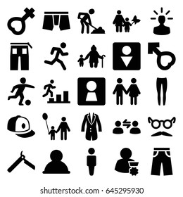 Men icons set. set of 25 men filled icons such as woman wc, man, bllade razor, male wc, man underwear, underpants, pants, baseball cap, mustache and glasses, digging man
