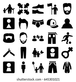 Men icons set. set of 25 men filled icons such as man wc, woman wc, man hairstyle, man, bllade razor, female wc, pants, baseball cap, female, jacket, football player