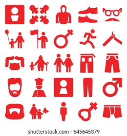 Men icons set. set of 25 men filled icons such as man wc, woman wc, male, man, bllade razor, man hairstyle, pants, hoodie, mustache and glasses, female, chef, family