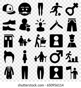 Men icons set. set of 25 men filled icons such as woman wc, man hairstyle, male, woman, bllade razor, female wc, man shoe, underpants, pants, baseball cap, emot with mustache