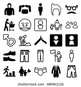 Men icons set. set of 25 men filled and outline icons such as woman wc, man, bllade razor, man hairstyle, male wc, man shoe, hoodie, mustache and glasses, jacket, pants, male