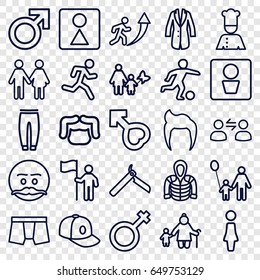 Men icons set. set of 25 men outline icons such as man wc, man hairstyle, male, woman, bllade razor, female wc, man underwear, underpants, baseball cap, hoodie, jacket, chef