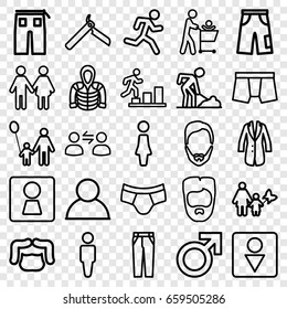 Men icons set. set of 25 men outline icons such as woman wc, male, man, woman, bllade razor, man hairstyle, male wc, pants, hoodie, jacket, user communicatrion, family