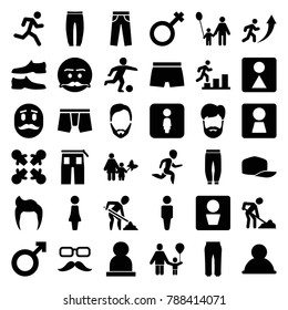 Men icons. set of 36 editable filled men icons such as man wc, woman wc, man hairstyle, man, female wc, underpants, pants, emot with mustache, user, father and son, roundelay