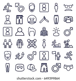 Men icons set. set of 36 men outline icons such as man wc, woman wc, man hairstyle, male, man, bllade razor, female wc, underpants, pants, baseball cap, hoodie
