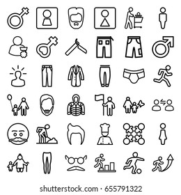 Men icons set. set of 36 men outline icons such as woman wc, man hairstyle, male, man, woman, bllade razor, female wc, man underwear, underpants, pants, hoodie
