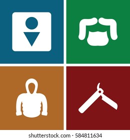 men icons set. Set of 4 men filled icons such as bllade razor, man hairstyle, Male WC