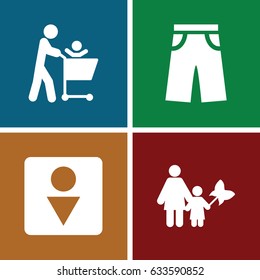 Men icons set. set of 4 men filled icons such as male wc, pants, mother and son