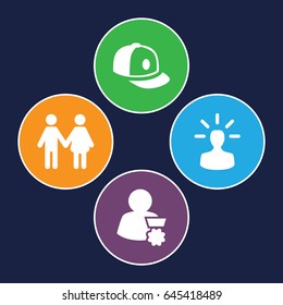 Men icons set. set of 4 men filled icons such as baseball cap, user bulb, man with medal