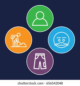 Men icons set. set of 4 men outline icons such as pants, digging man, emot with mustache