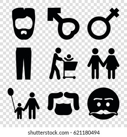 Men icons set. set of 9 men filled icons such as man hairstyle, pants, emot with mustache, male, family, father and son