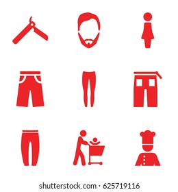 Men icons set. set of 9 men filled icons such as woman, bllade razor, man hairstyle, underpants, pants, chef