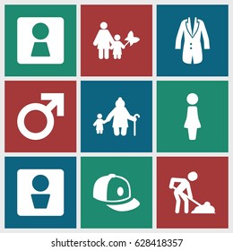 Men icons set. set of 9 men filled icons such as man WC, woman WC, male, woman, baseball cap, digging man, jacket, mother and son