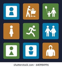 Men icons set. set of 9 men filled icons such as man wc, woman wc, woman, female wc, hoodie, family, father and son, father with not in shopping cart