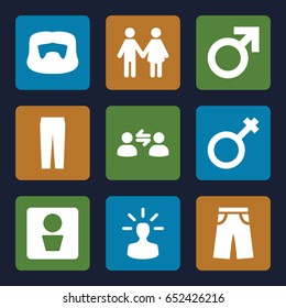 Men icons set. set of 9 men filled icons such as man wc, male, man hairstyle, pants, user bulb, user communicatrion