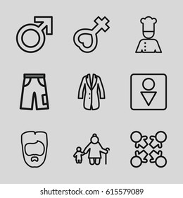 Men icons set. set of 9 men outline icons such as male, man hairstyle, Male WC, pants, female, jacket, chef, roundelay