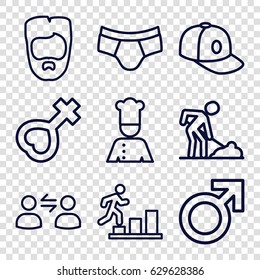 Men icons set. set of 9 men outline icons such as male, man hairstyle, man underwear, baseball cap, female, chef