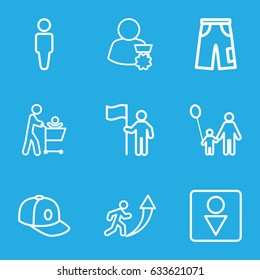 Men icons set. set of 9 men outline icons such as man, male wc, pants, baseball cap, man going up, father and son