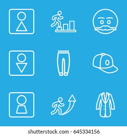 Men icons set. set of 9 men outline icons such as woman wc, male wc, female wc, underpants, baseball cap, jacket, emot with mustache