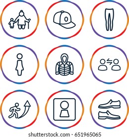 Men icons set. set of 9 men outline icons such as woman wc, woman, man shoe, underpants, baseball cap, hoodie, user communicatrion, man going up