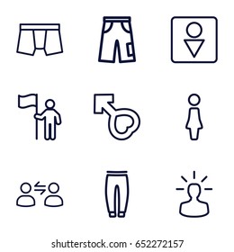 Men icons set. set of 9 men outline icons such as woman, male wc, man underwear, underpants, pants, male, user bulb, user communicatrion