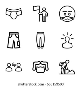 Men icons set. set of 9 men outline icons such as man hairstyle, man underwear, underpants, pants, user bulb, user communicatrion