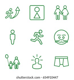 Men icons set. set of 9 men outline icons such as man, female wc, man underwear, user bulb, emot with mustache, family