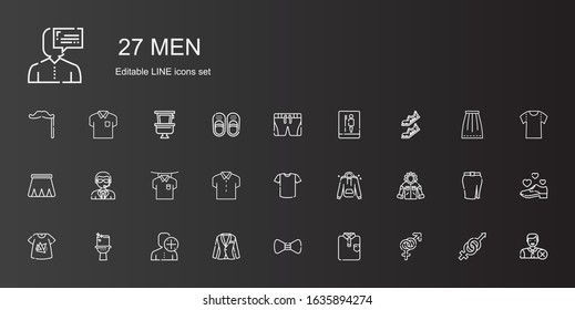 men icons set. Collection of men with gender, shirt, bow tie, suit, user, toilet, tshirt, jacket, hoodie, doorman, skirt, shoes, shorts, shoe. Editable and scalable men icons.