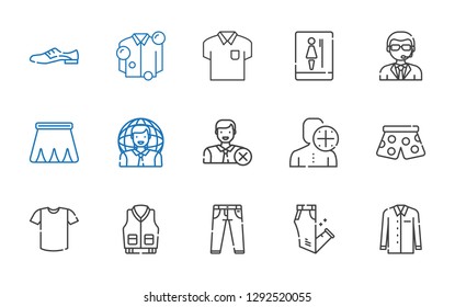 men icons set. Collection of men with shirt, trousers, jeans, jacket, pants, user, skirt, doorman, toilet, shoes. Editable and scalable men icons.